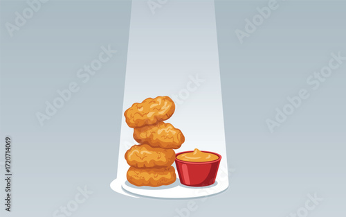 Golden chicken nuggets with dipping sauce, fast food snack on plate, crispy fried appetizer, spotlight food photography, delicious junk food vector concept