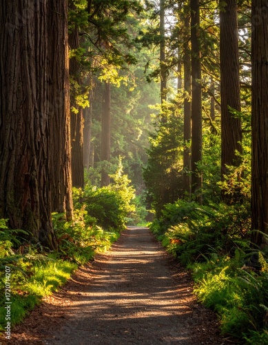 Sunlight path through redwood forest (1)