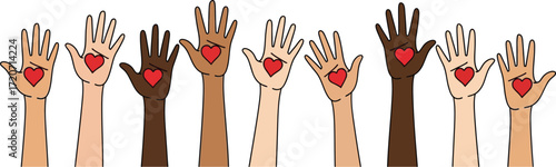 Diverse hands with hearts unity and love illustration concept