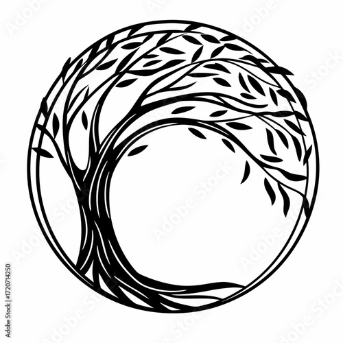 Stylized black and white circular tree of life silhouette with flowing branches and leaves creating a sense of organic movement and natural beauty within a defined circular frame