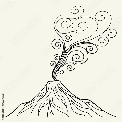 Stylized black line art illustration of a volcano erupting with swirling smoke and decorative flourishes against a light cream background
