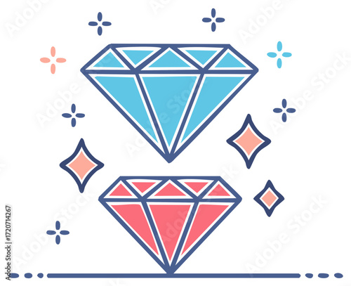 Hand-drawn diamonds and sparkling elements illustration, simple graphic design.