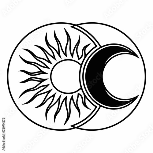Stylized graphic illustration depicting a celestial eclipse with a radiant sun and a crescent moon overlapping within a circular frame representing cosmic balance and duality