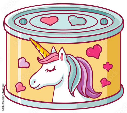 Cartoon Unicorn in a Can Container with Hearts Illustration, Fun Fantasy Graphic