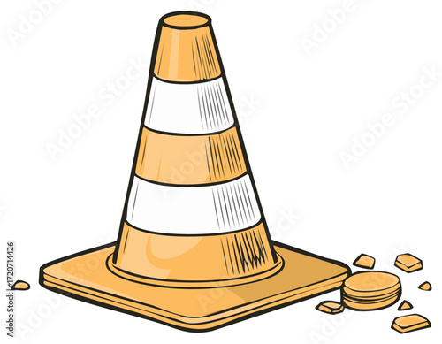 Vibrant Orange Safety Cone with White Stripes for Road Construction Warning Illustration