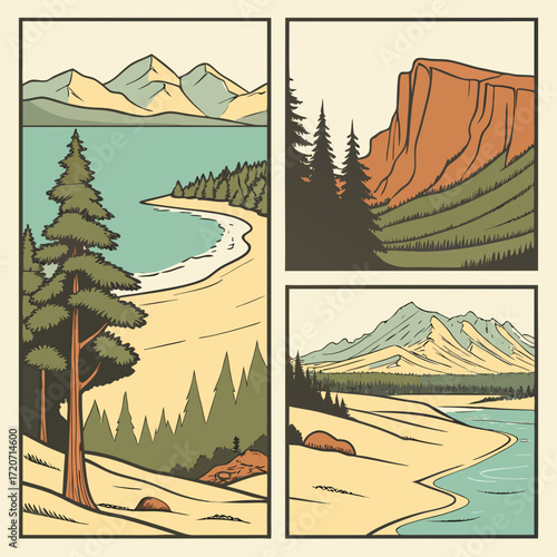 Vintage style illustration of three scenic outdoor landscapes featuring mountains lakes forests and beaches in a retro color palette