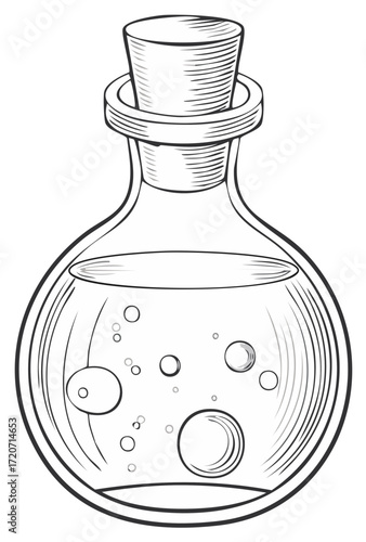 Magical potion bottle with cork stopper and sparkling liquid vector illustration