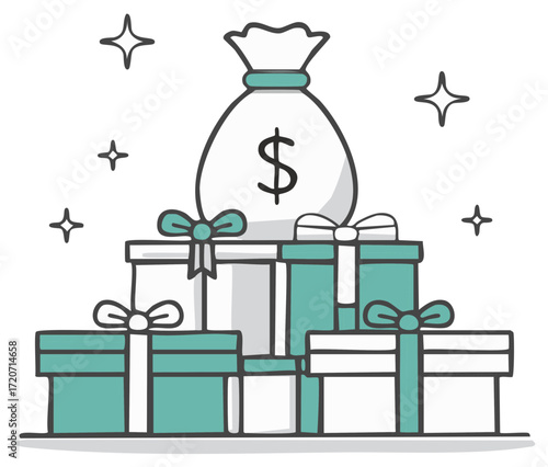 Pile of Gift Boxes and Money Bag with Sparkles Illustration