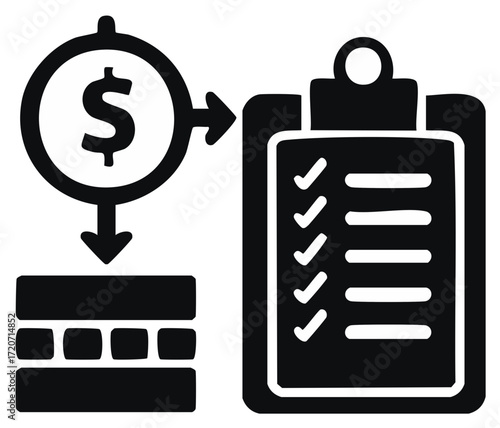 Investment success flowchart with clipboard checklist and money transfer symbol