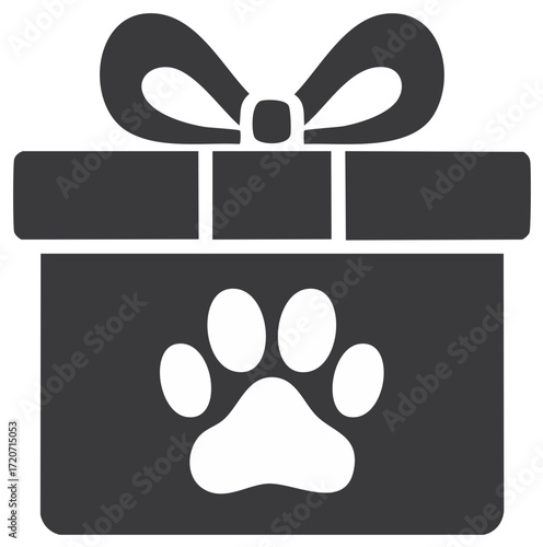 Gift box decorated with a bow and a paw print, symbol of pet