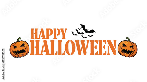 Happy Halloween Celebration: Spooky jack-o'-lanterns with carved smiles and a swarm of bats dance around the bold message Happy Halloween, a graphic illustration exuding festive cheer.
