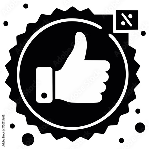 Promotional badge with thumbs up and discount, sale or cashback sign in a modern simple design