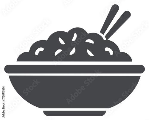 Bowl of rice with chopsticks, Asian food icon, monochrome illustration.