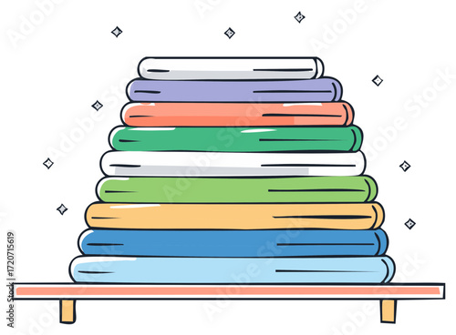 A tall stack of fresh clean folded colorful clothes on a shelf illustration