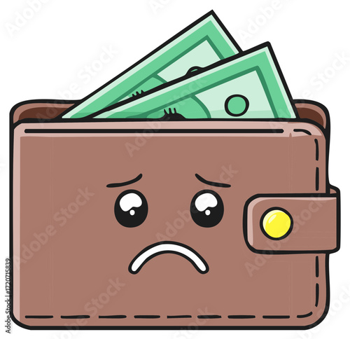Sad cartoon wallet full of money expressing unhappiness and financial worry