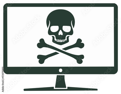 Digital threat warning icon with skull and crossbones on computer monitor display