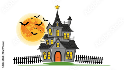 Spooky Halloween Mansion Silhouette: An ominous haunted house silhouette against a vibrant full moon, and a playful gathering of bats creates an ideal illustration for any Halloween project. 