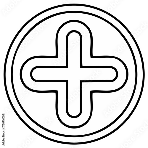 Geometric design of a plus symbol within a circle, isolated for logo, design element, coloring page, creative project