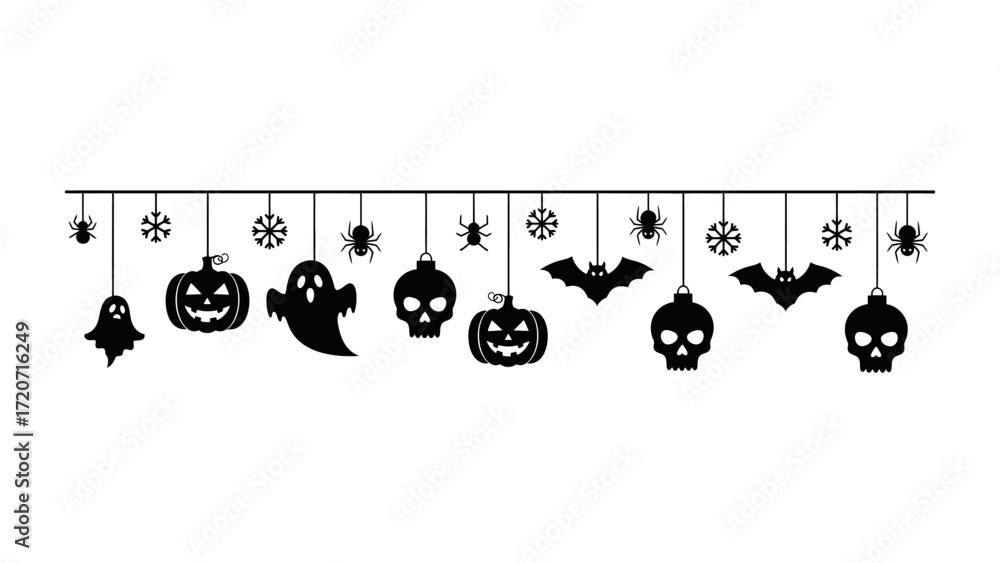 Obraz premium Spooky Halloween Decoration Banner: A whimsical garland of Halloween icons including pumpkin, skull, spider, and bat, creating a festive and spooky atmosphere.