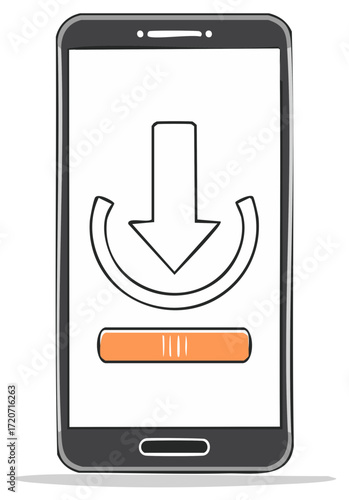 Cartoon style phone displaying a download icon with a loading bar for app update