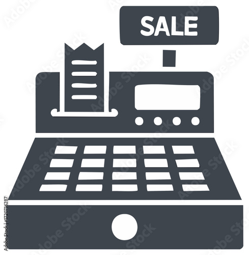 Simple Cash Register with Sale Sign and Receipt Vector Illustration Icon