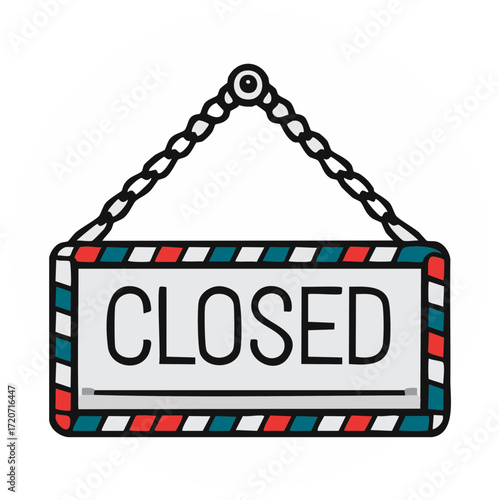 Vector Illustration: Hanging Closed Sign with Chain, Decorative Border, Business Notice