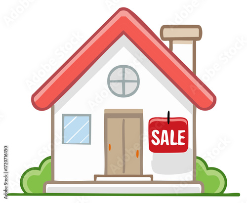 Cartoon house with sale sign, homeownership concept, real estate market