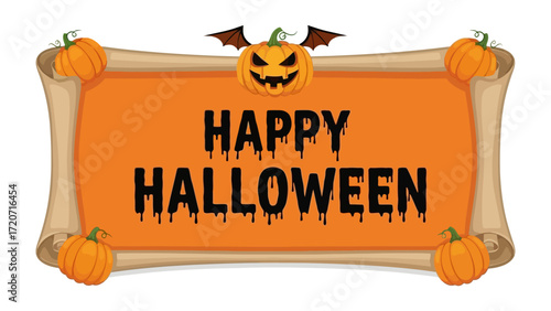 Happy Halloween Sign: A vibrant Halloween message on an eye-catching banner, surrounded by pumpkins, bats, and a ghostly pumpkin, perfect for your spooky season needs.