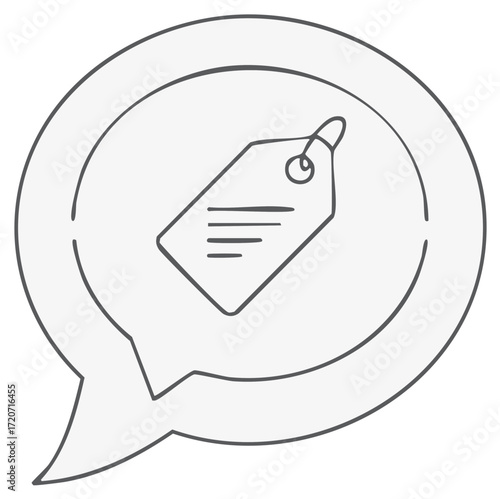Hand-drawn outline of a price tag inside a speech bubble, representing sales and communication