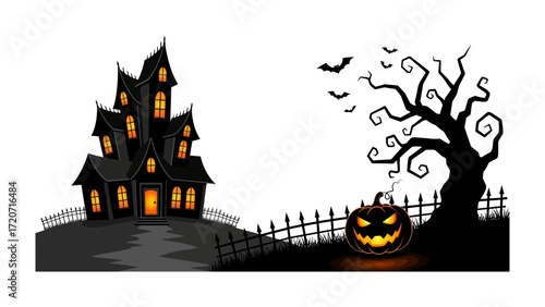Spooky Halloween Night: A detailed illustration captures the eerie essence of Halloween night. The composition features a haunted house, a spooky tree and carved pumpkin.