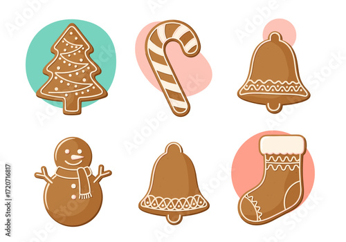 A collection of six delicious decorated gingerbread cookies for Christmas celebrations.