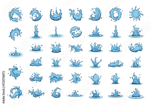A collection of beautiful water splash illustrations depicting various fluid dynamics and liquid motion.