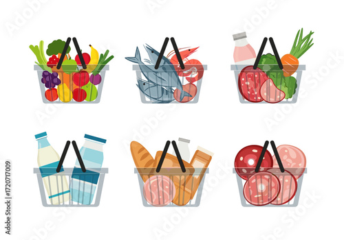 Various grocery baskets filled with fresh produce seafood meat dairy bread and other food items.