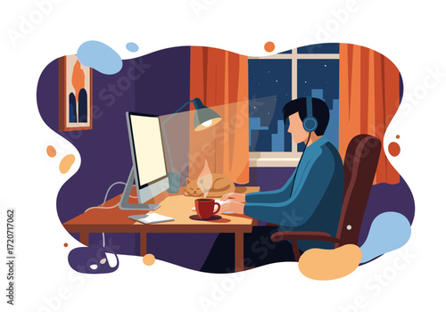 A person working on a computer in a cozy home office at night listening to music and drinking coffee.