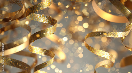Golden ribbons and sparkling bokeh create festive and celebratory atmosphere