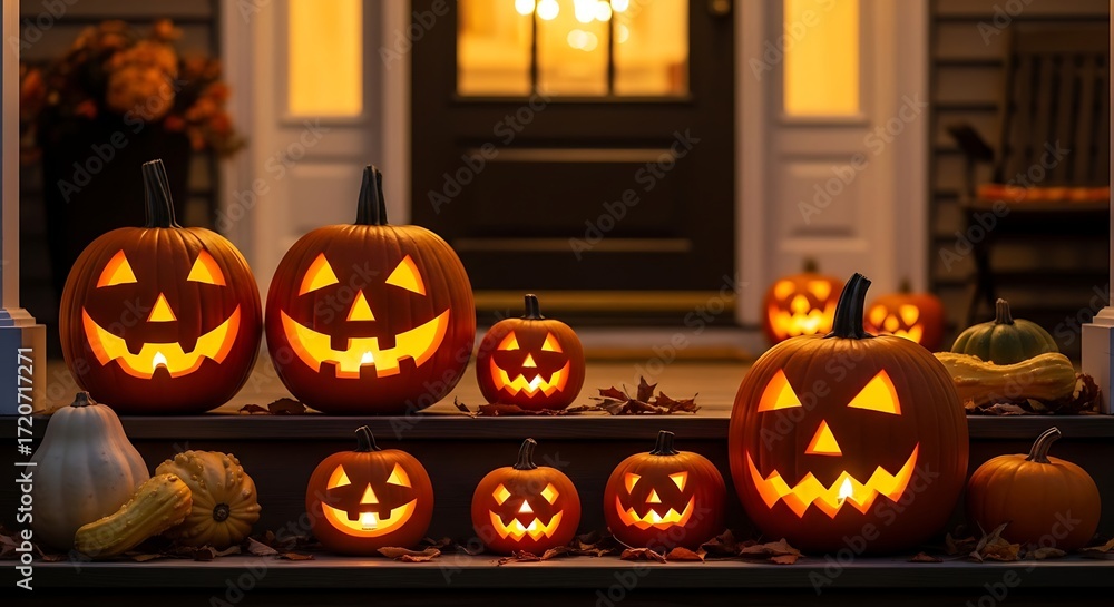 Obraz premium Spooky Halloween Pumpkins Glowing On A Porch At Night