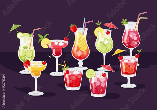 A collection of vibrant and refreshing tropical cocktails garnished with fruits and umbrellas perfect for a summer party.