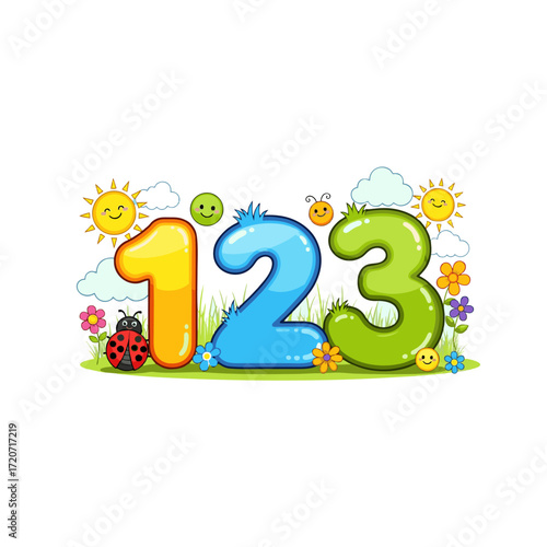 Vibrant cartoon numbers 1, 2, 3 with cheerful nature elements, ideal for early childhood education, playful learning, and teaching basic counting skills