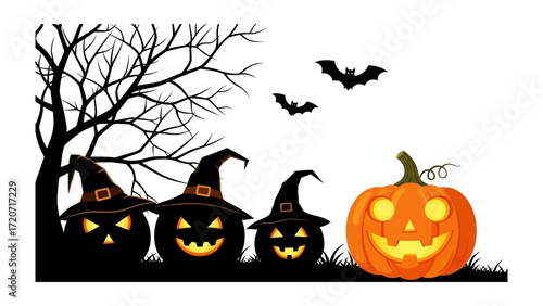 Spooky Halloween Scene: An illustration featuring pumpkins adorned with witch hats and a radiant carved pumpkin in a Halloween ambiance, with bats soaring against the evening sky. 