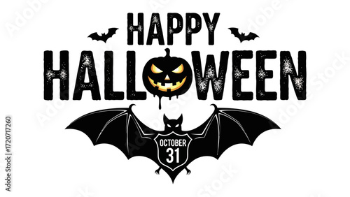 Happy Halloween Greeting: Spooky design elements, from bats to pumpkin, come together to celebrate the eerie, festive, and unforgettable spirit of Halloween.