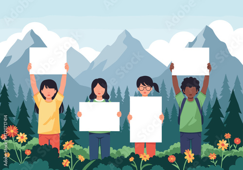 Young people stand together holding blank signs advocating for environmental protection and a greener future.