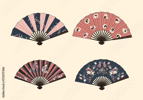 Four decorative handheld folding fans with traditional patterns and colors.