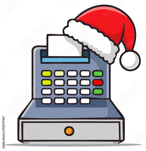 Cartoon cash register wearing festive red Santa hat symbolizing Christmas holiday shopping and sales