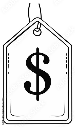 Hanging Price Tag with Dollar Sign Black and White Illustration