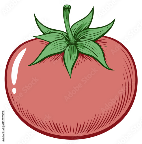 Hand-drawn ripe red tomato with green stem and leaves, isolated on white