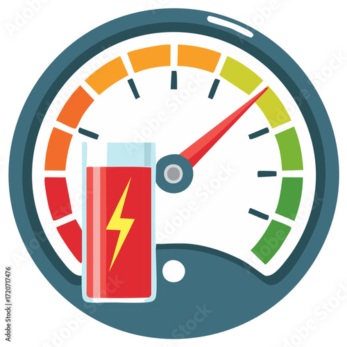 Energy gauge meter with battery charging indicator and lightning bolt symbol, full power concept