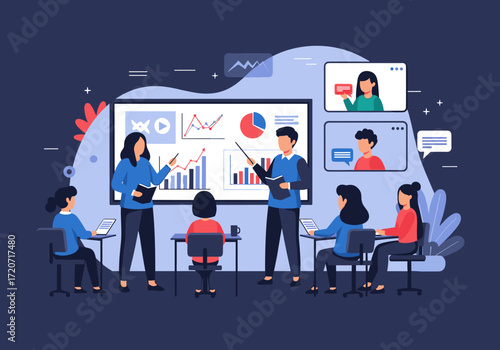 A group of diverse people attending a business presentation with charts and graphs on a screen.