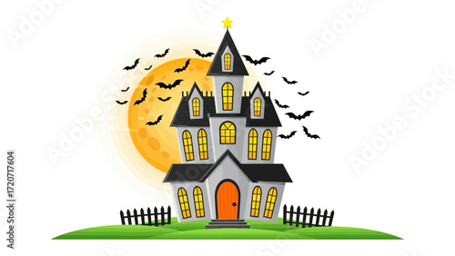 Spooky Castle Illustration: A haunted castle stands silhouetted against a full moon, surrounded by bats. This eerie illustration sets the stage for Halloween.
