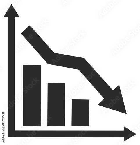 Business bar chart showing decreasing values and a prominent downward arrow indicating decline or loss.
