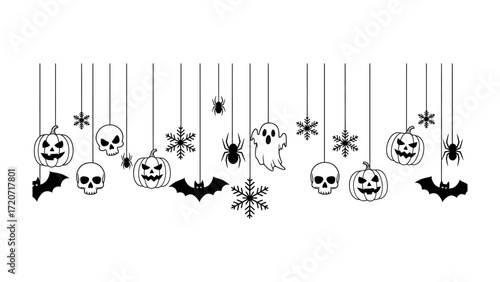 Halloween Garland Decorations: A whimsical black and white image captures a festive garland adorned with smiling pumpkins, spooky skulls, playful bats, ghostly apparitions.